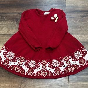 Red Christmas sweater dress with sparkles and reindeer